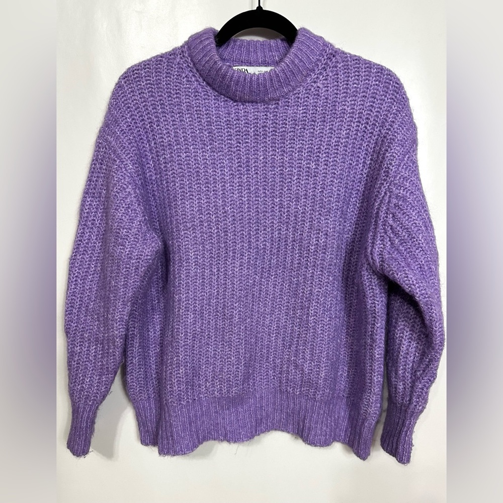 ZARA WOMAN PURL KNIT SWEATER ROUND NECK LONG SLEEVE SWEATER RIB TRIM Small